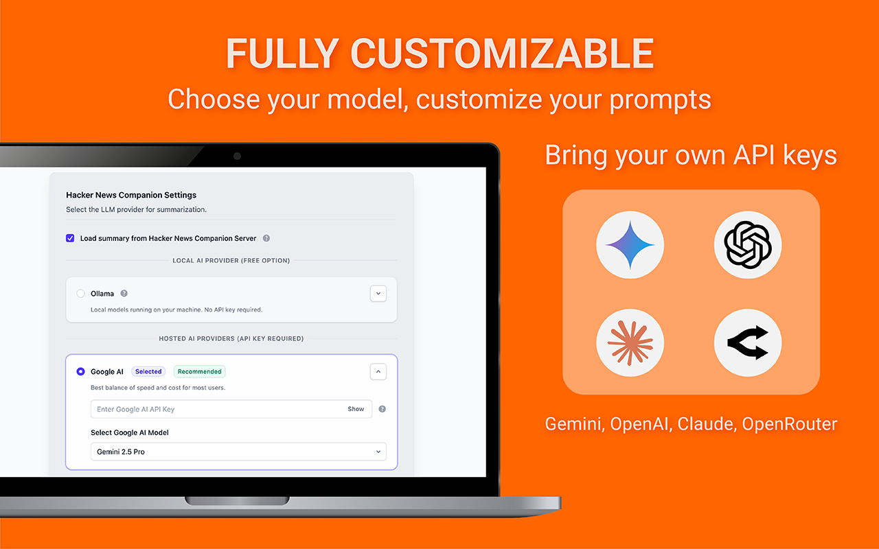 Screenshot showing the settings panel with LLM provider options