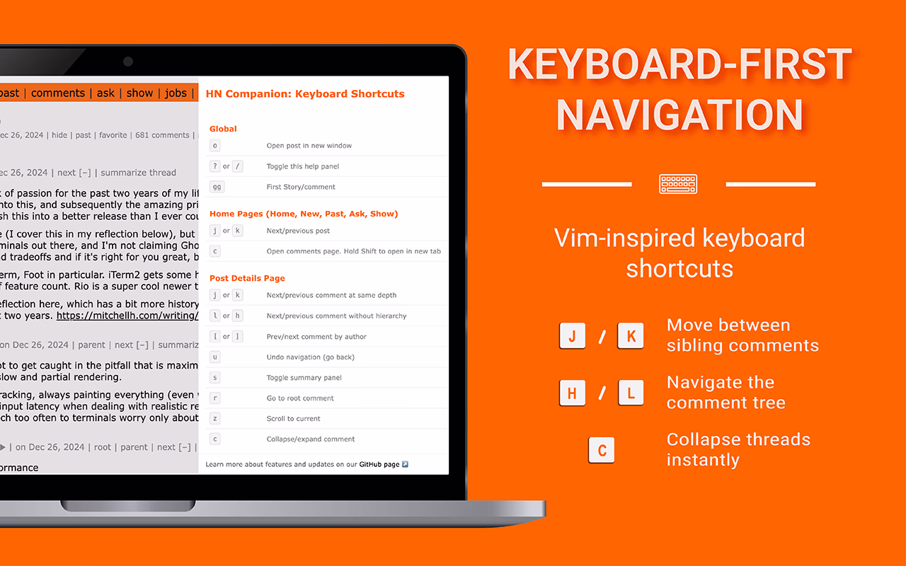Screenshot showing keyboard shortcuts help panel with vim-style navigation